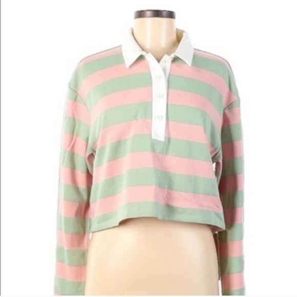 Reformation | NWOT Anna Rugby Shirt in Candy Stripe Pink Green New Medium - Picture 4 of 5